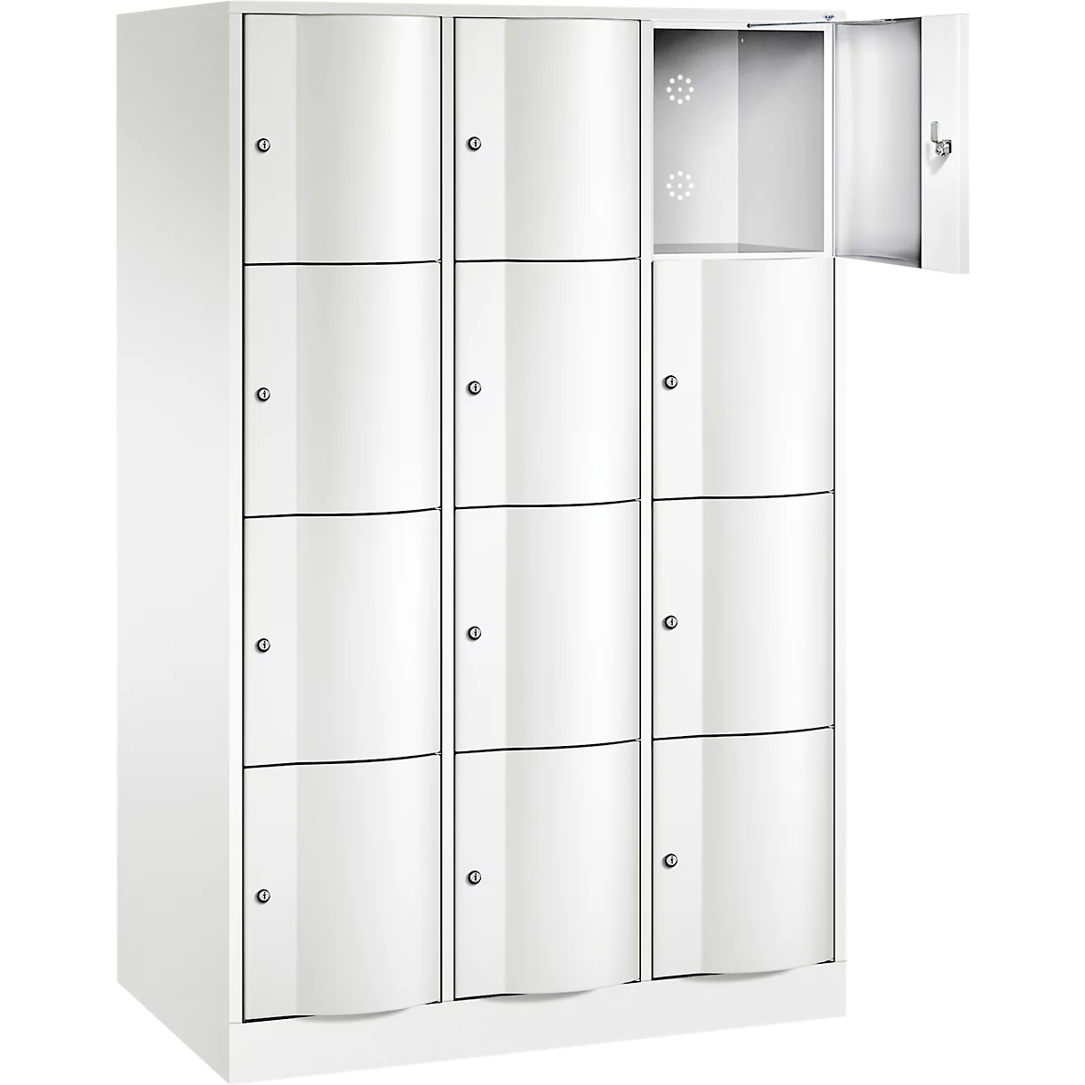 C+P Schließfachschrank Resisto, 3 Abteile, 12 Fächer, B 1148 x T 640 x H 1950 mm, Verkehrsweiß