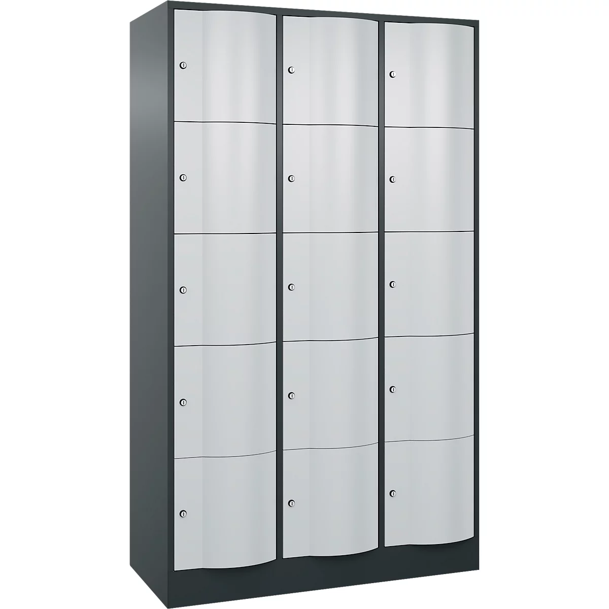C+P Schließfachschrank Resisto, 3 Abteile, 15 Fächer, B 1148 x T 540 x H 1950 mm, Anthrazitgrau/Lichtgrau