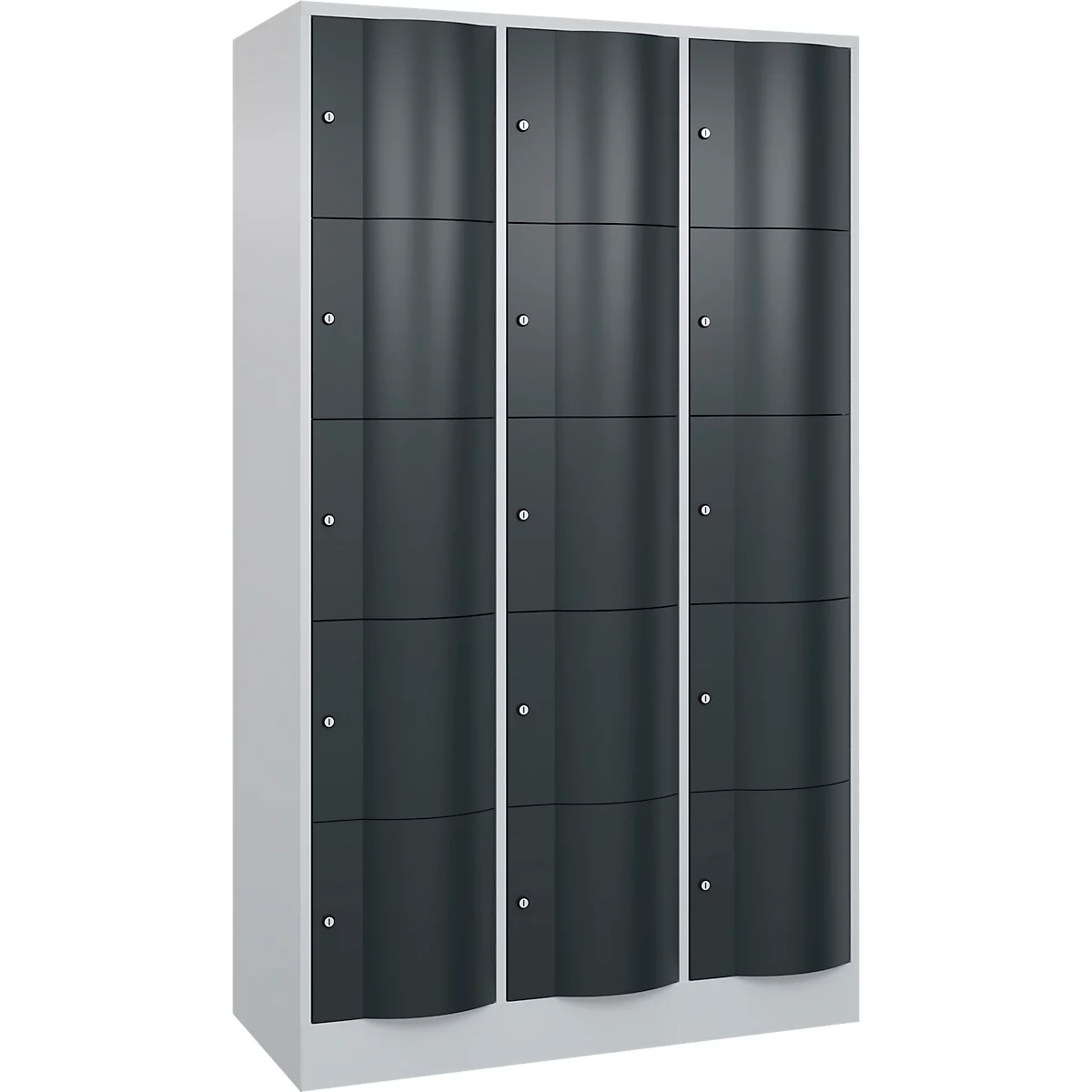 C+P Schließfachschrank Resisto, 3 Abteile, 15 Fächer, B 1148 x T 540 x H 1950 mm, Lichtgrau/Anthrazitgrau