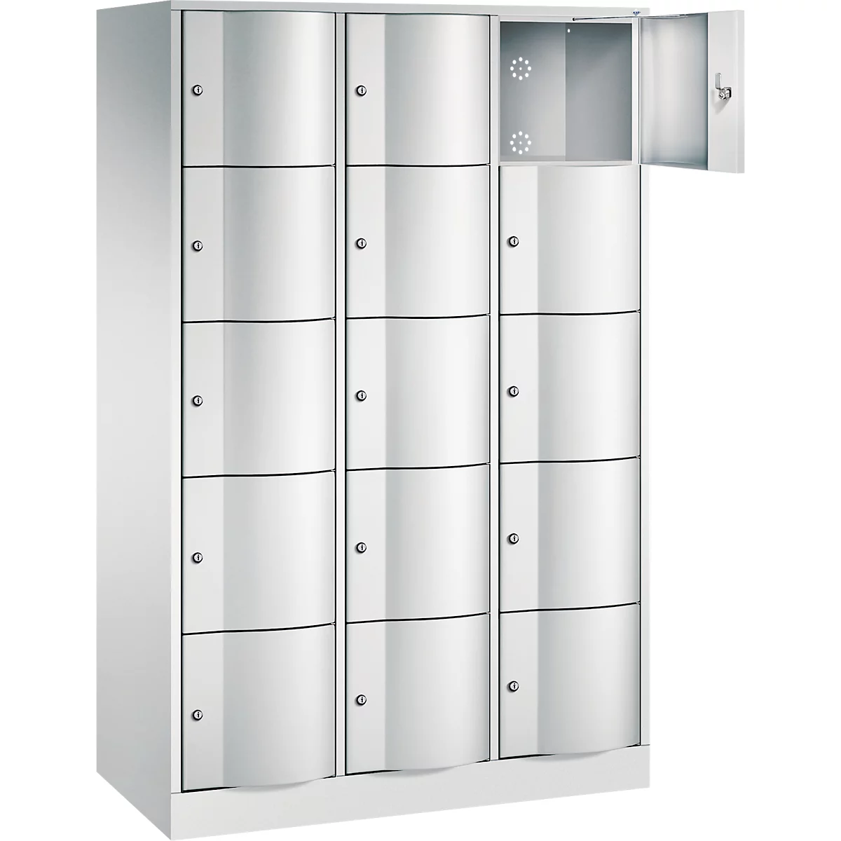 C+P Schließfachschrank Resisto, 3 Abteile, 15 Fächer, B 1148 x T 540 x H 1950 mm, Lichtgrau/Clowngrün