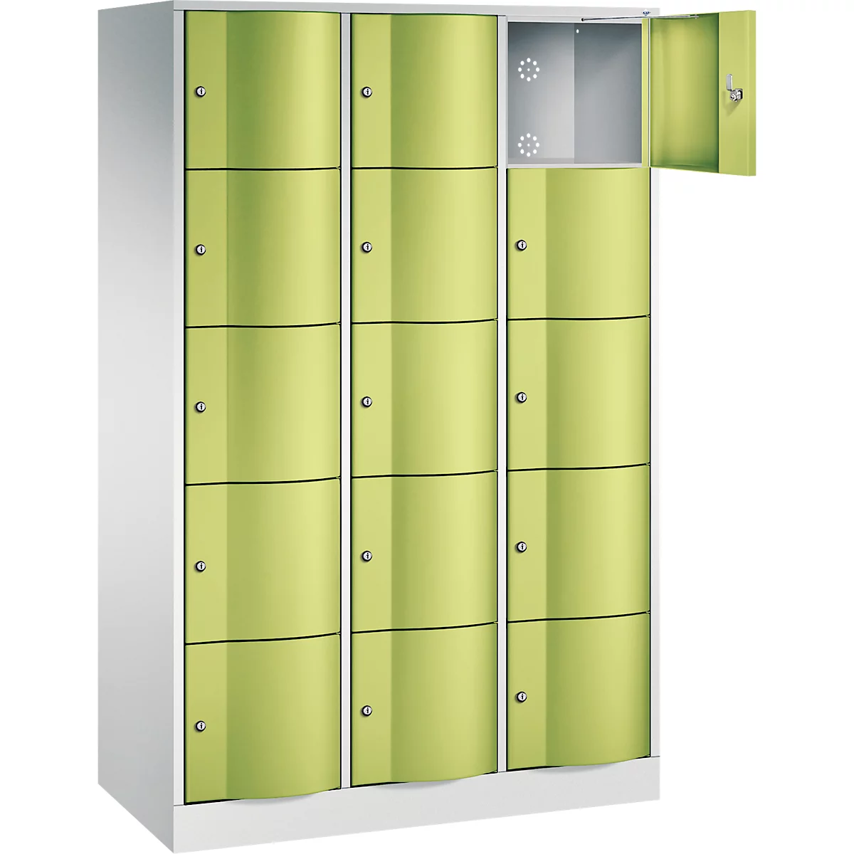 C+P Schließfachschrank Resisto, 3 Abteile, 15 Fächer, B 1148 x T 540 x H 1950 mm, Lichtgrau/Lichtblau