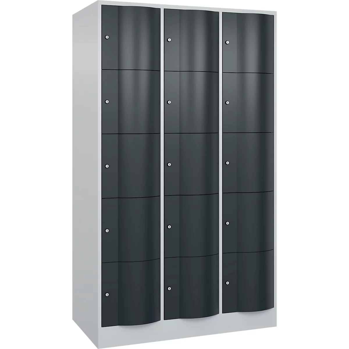 C+P Schließfachschrank Resisto, 3 Abteile, 15 Fächer, B 1148 x T 640 x H 1950 mm, Lichtgrau/Anthrazitgrau