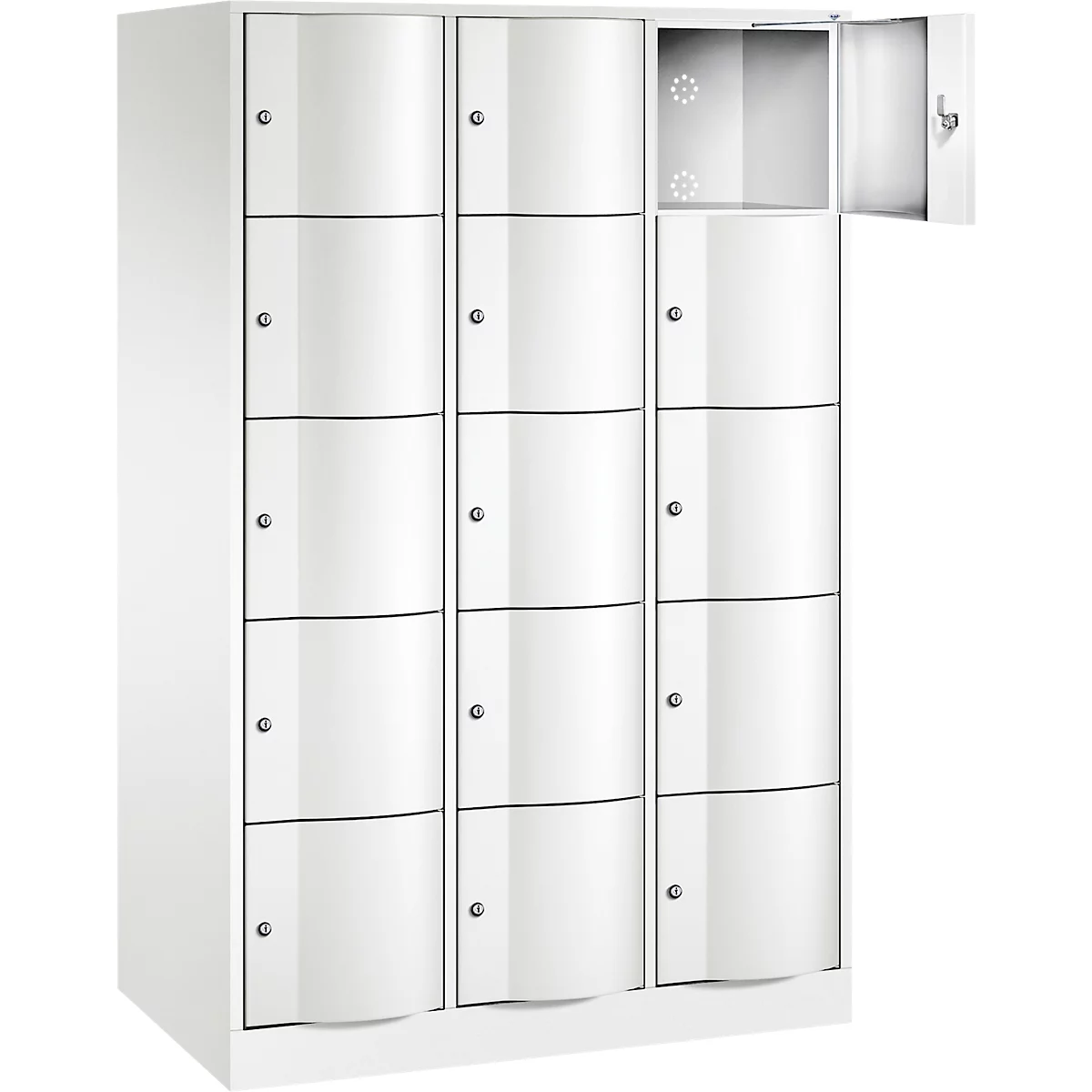 C+P Schließfachschrank Resisto, 3 Abteile, 15 Fächer, B 1148 x T 640 x H 1950 mm, Verkehrsweiß