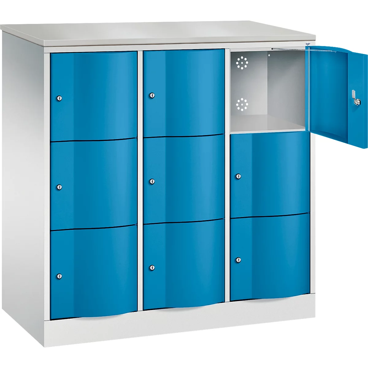 C+P Schließfachschrank Resisto, 3 Abteile, 9 Fächer, B 1148 x T 540 x H 1255 mm, Lichtgrau/Clowngrün