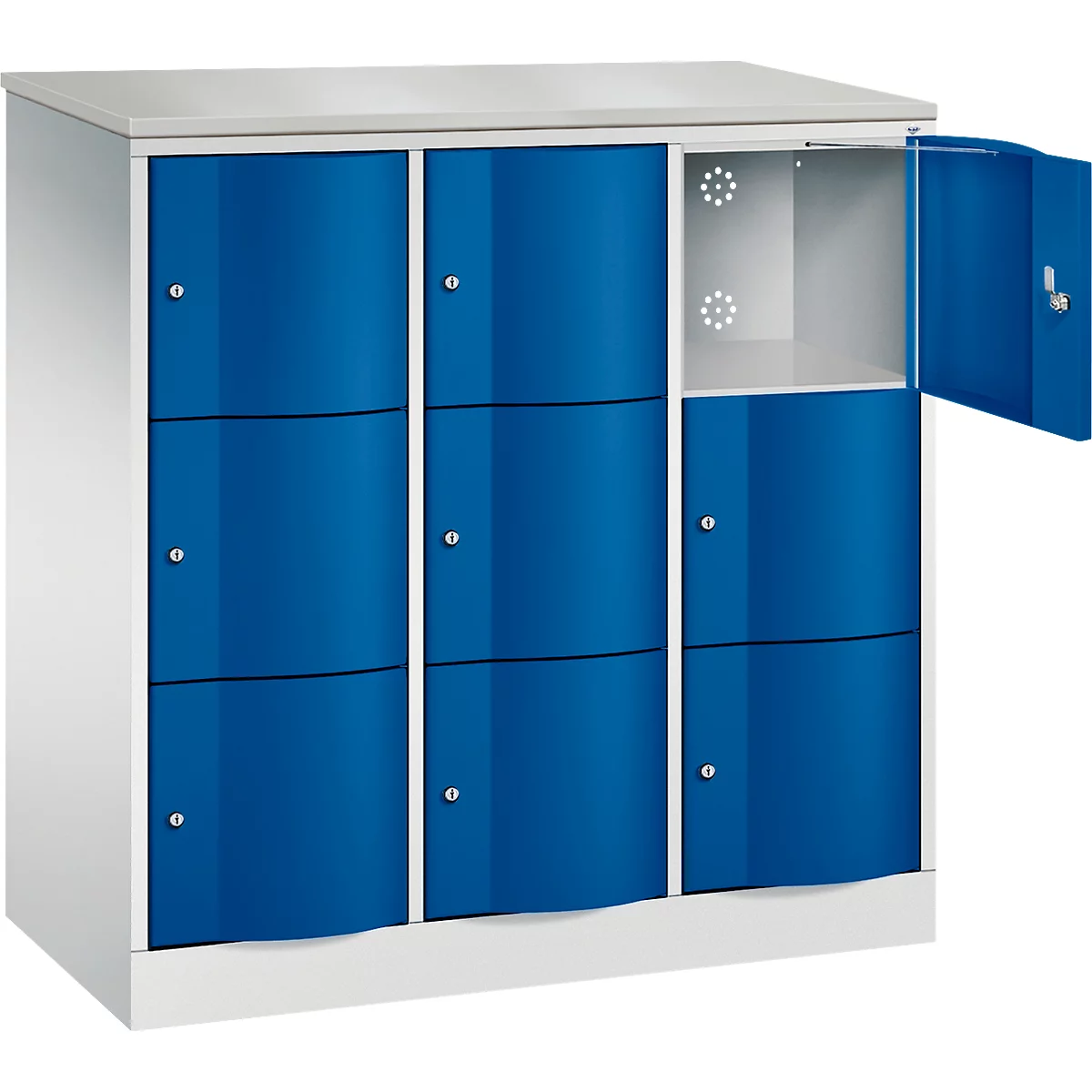 C+P Schließfachschrank Resisto, 3 Abteile, 9 Fächer, B 1148 x T 540 x H 1255 mm, Lichtgrau/Lichtblau