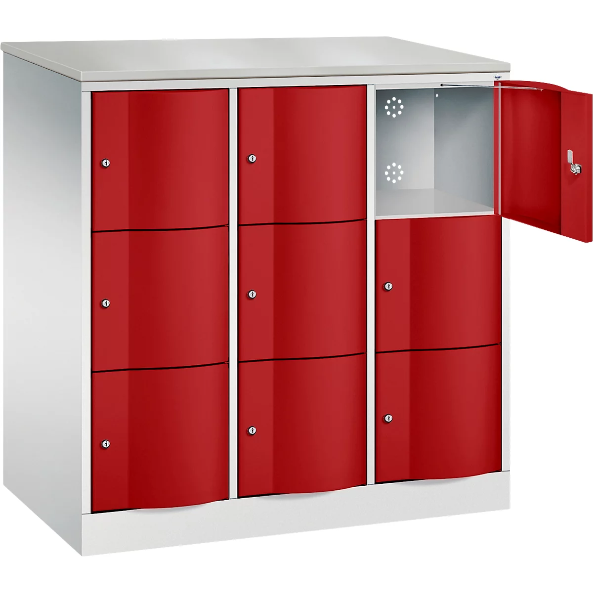 C+P Schließfachschrank Resisto, 3 Abteile, 9 Fächer, B 1148 x T 640 x H 1255 mm, Lichtgrau/Rubinrot