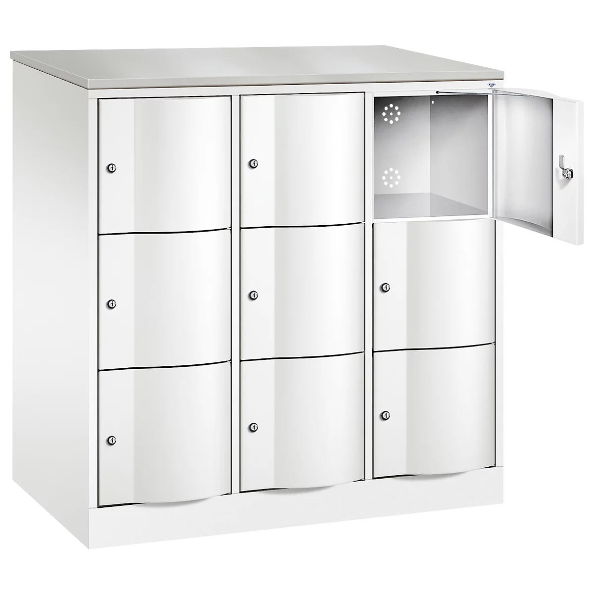 C+P Schließfachschrank Resisto, 3 Abteile, 9 Fächer, B 1148 x T 640 x H 1255 mm, Verkehrsweiß