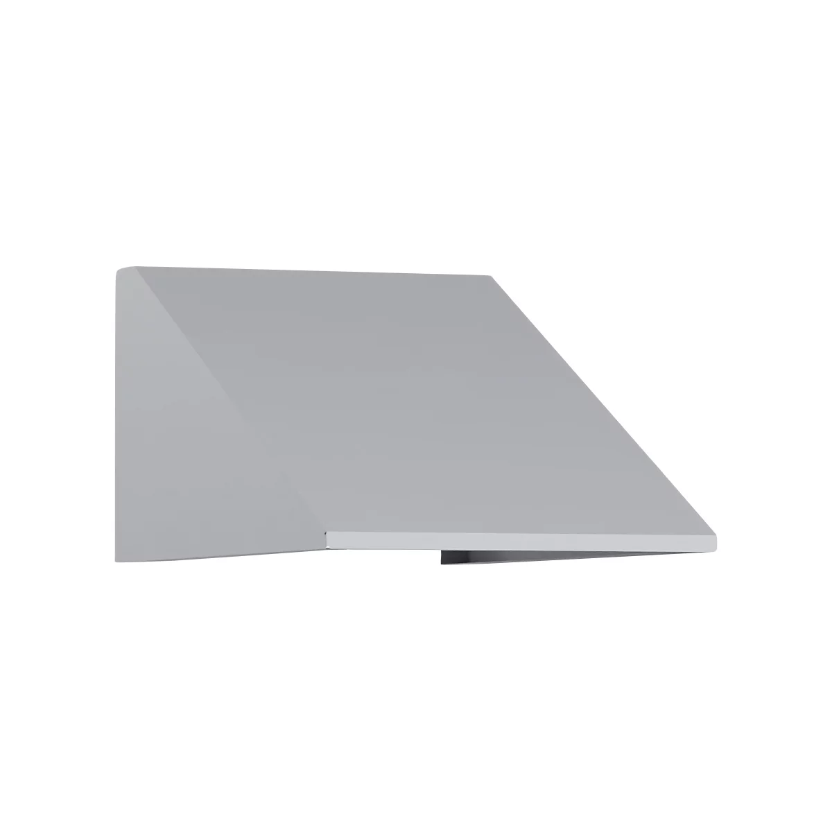 Graue Dunstabzugshaube, schräg von der Seite betrachtet. Rechteckig und schräg nach unten verlaufend. Ein schmaler, schwarzer Streifen an der Unterseite.