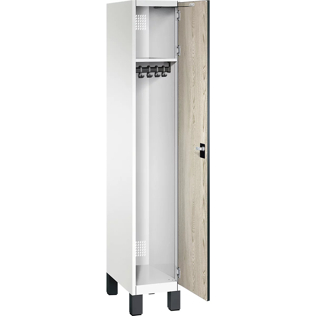 Weißer Schrank mit offener Tür. Im Inneren sind Haken für Kleidung zu sehen.