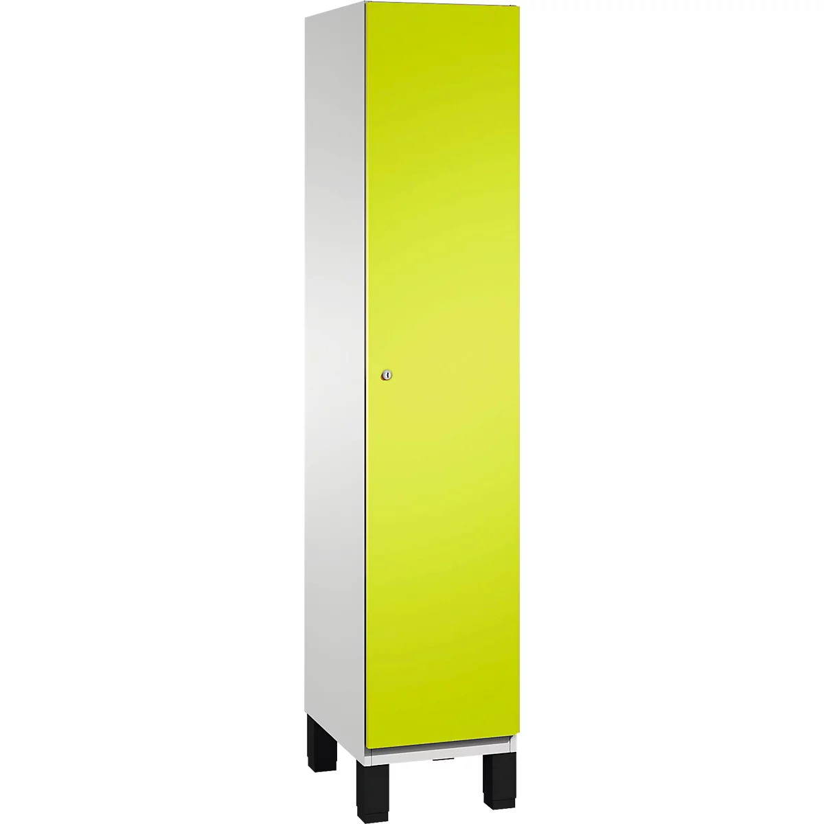 Schrank mit weißem Korpus und neongelber Tür, auf schwarzen Füßen stehend.