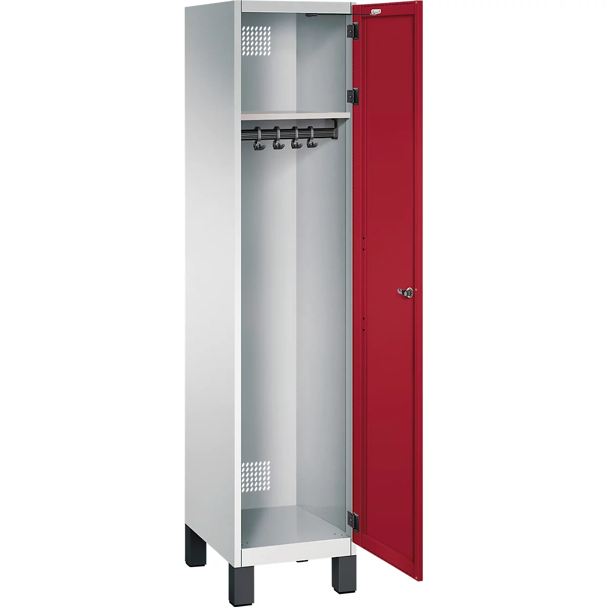 Offener, weißer Schrank mit roter Tür, Hakenleiste und schwarzem Sockel.
