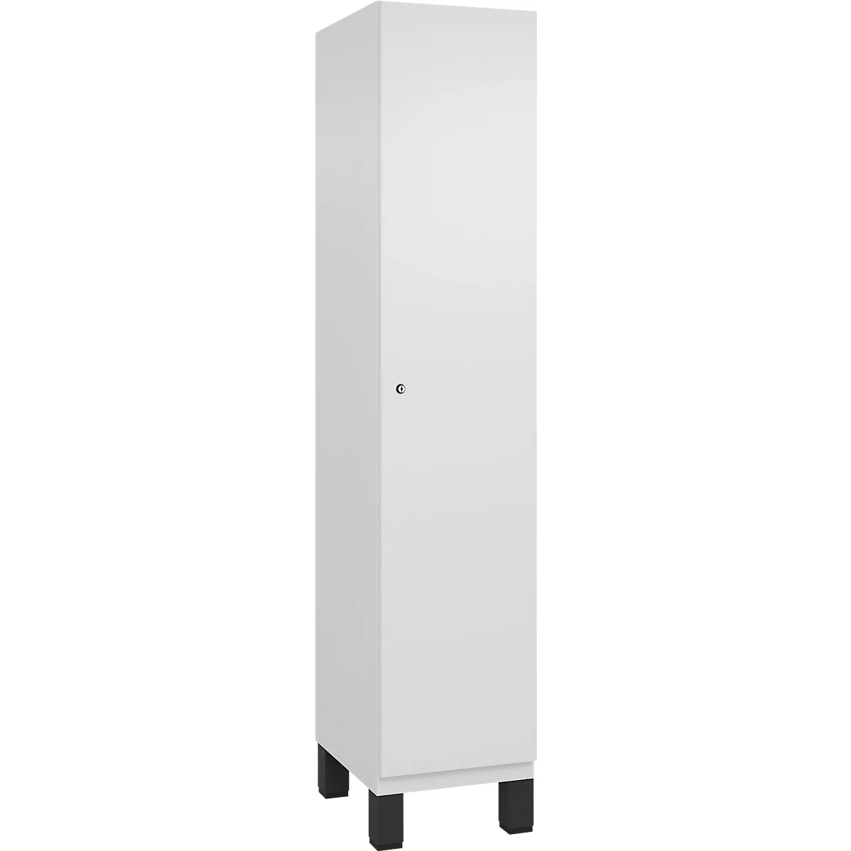 Weißer Schrank mit schwarzem Sockel, Tür mit rundem Knauf.