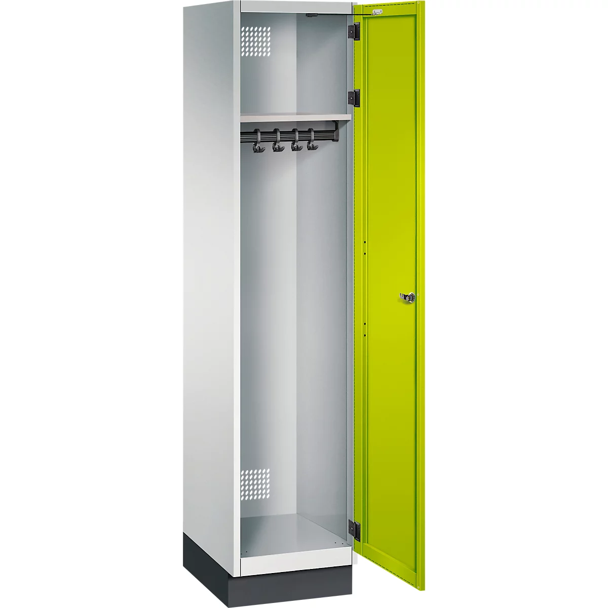 Weißer Spind, Tür geöffnet, grüne Innenseite, Hakenleiste.