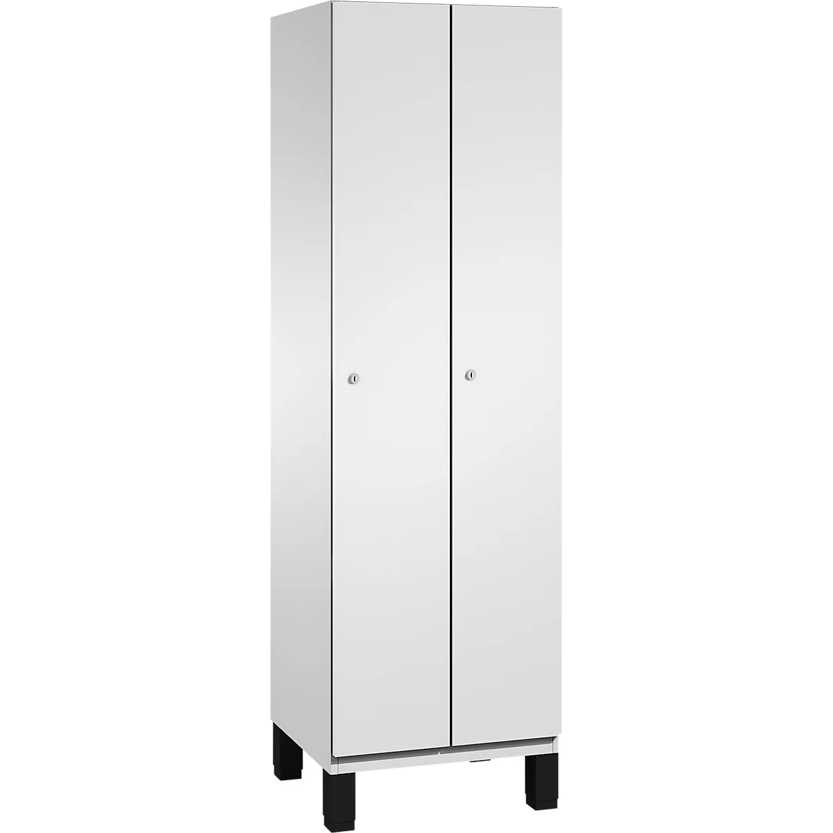 Weißer Schrank mit zwei Türen. Schwarze Füße, silberne Griffe.