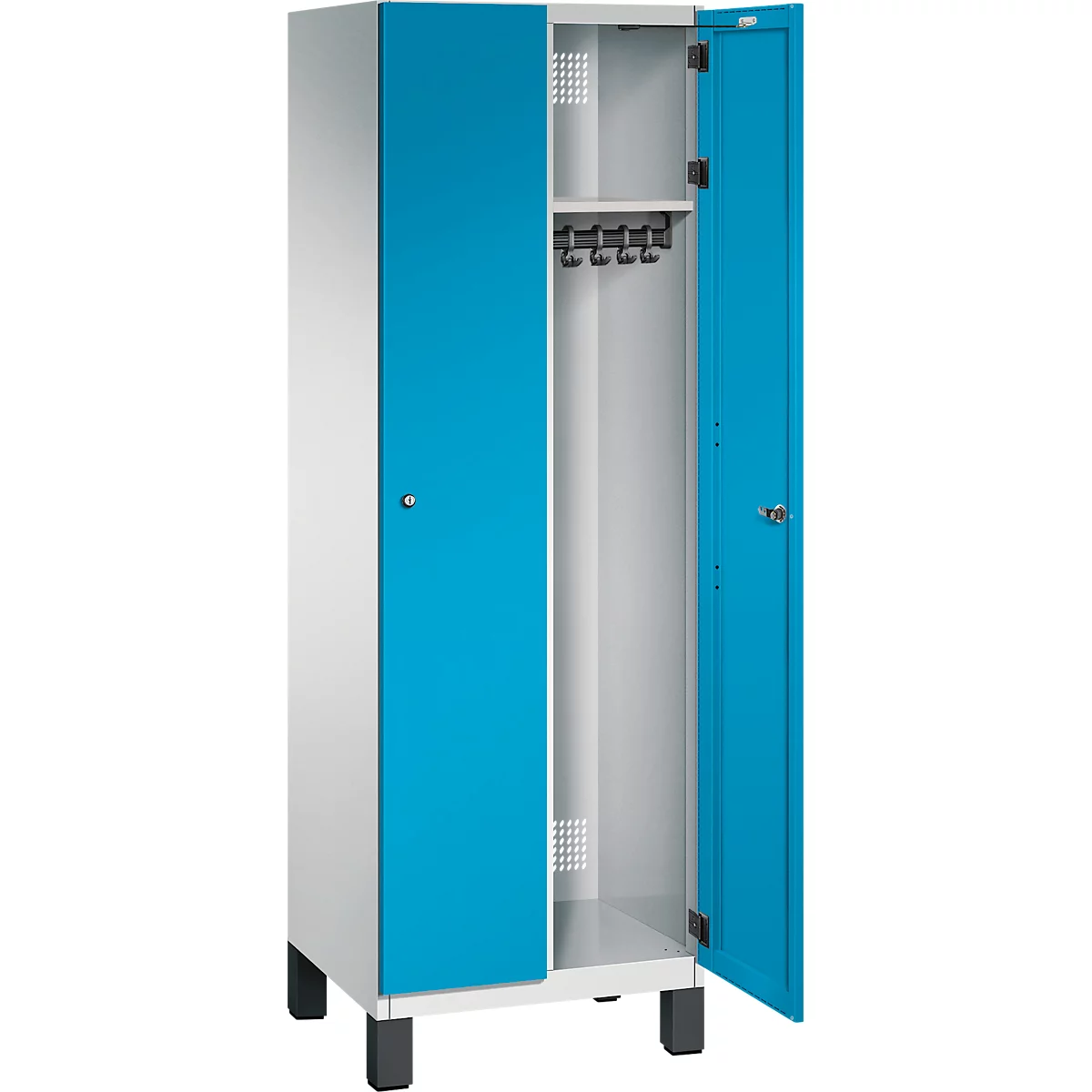 Blauer und weißer Schrank mit zwei Türen, eine offen, mit Kleiderhaken und Regal.