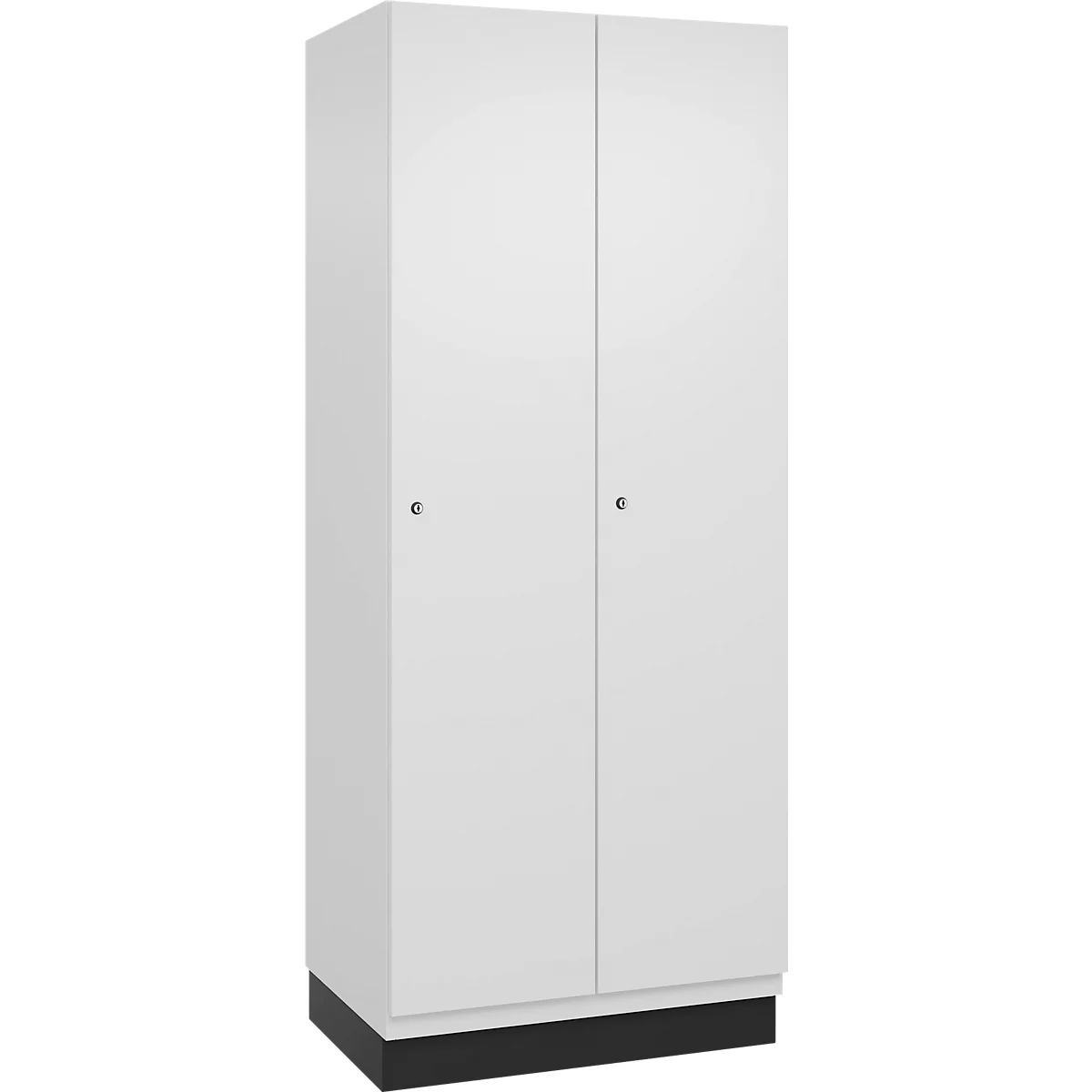 Weißer Schrank mit zwei Türen. Graue Griffe, schwarzer Sockel. Neutraler Hintergrund.