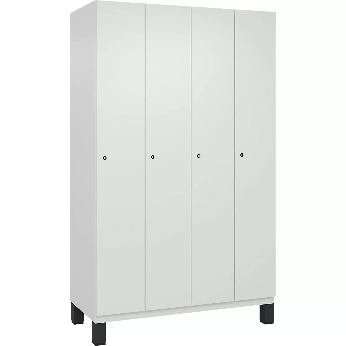 Weißer Schrank mit vier Türen, vier kleinen Knöpfen und schwarzen Füßen.