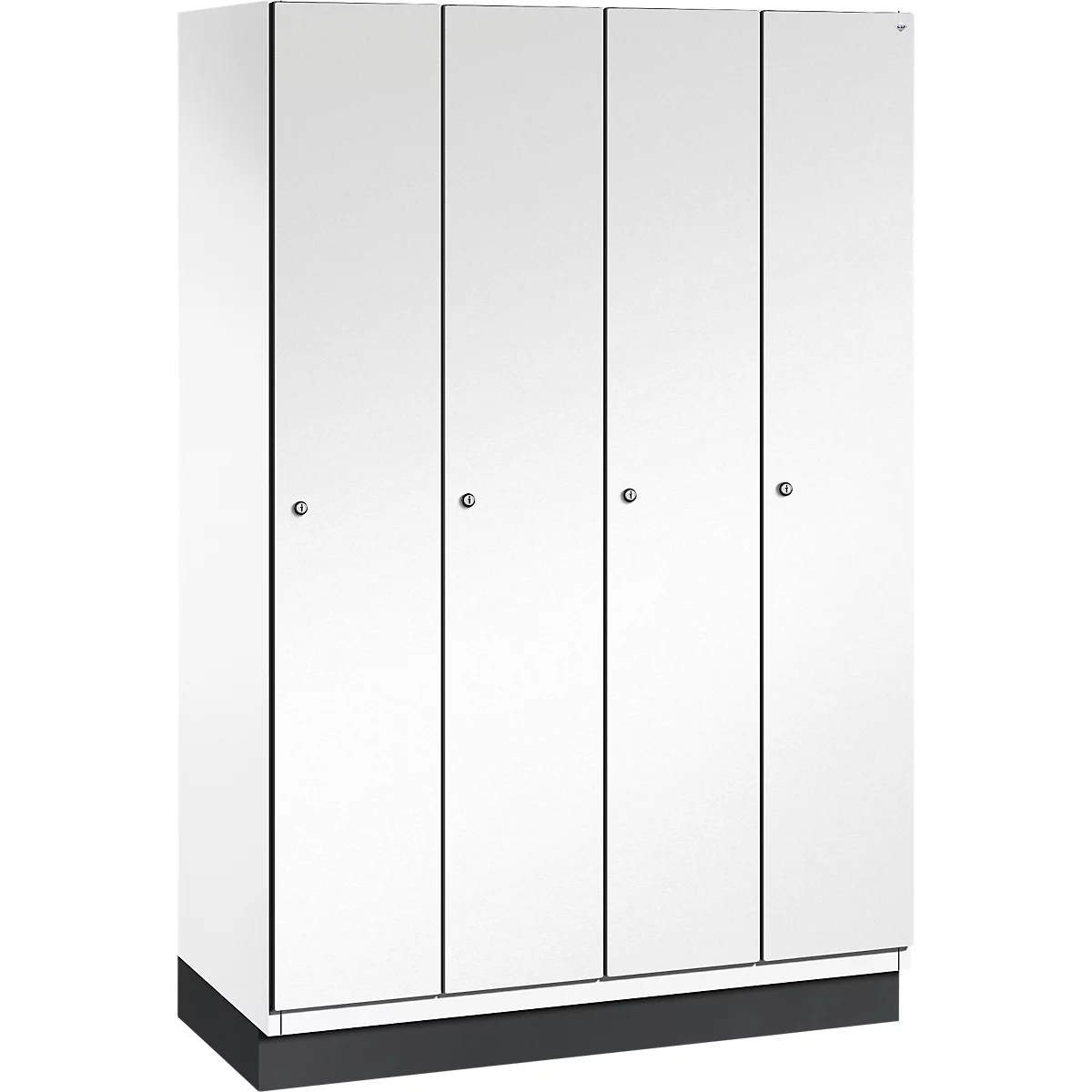 Weißer Schrank mit vier Türen, graue Details und Griffe.