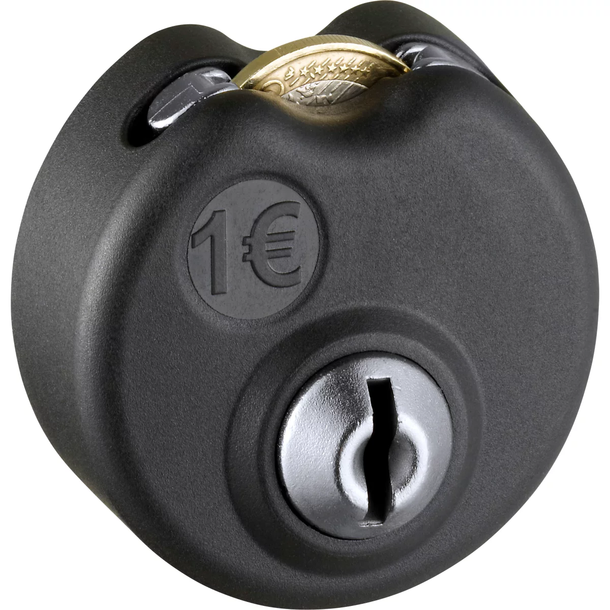 Black lock with a coin. An euro sign with the number 1 is engraved on the top left.