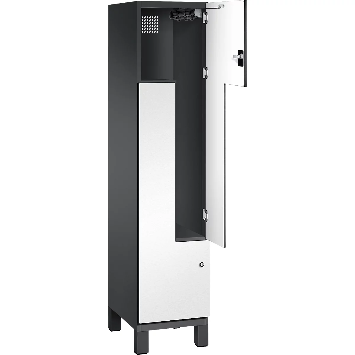 Grauer Schrank mit geöffneter weißer Tür. Details sind der Griff und das Innere.