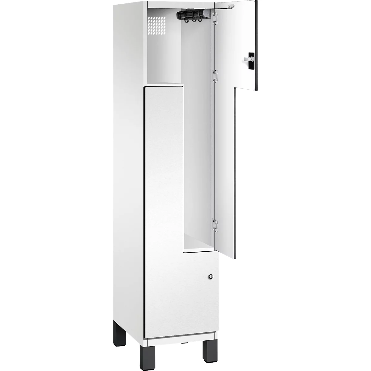 Weißer Schrank, Tür geöffnet, schwarze Details, offenes Fach.