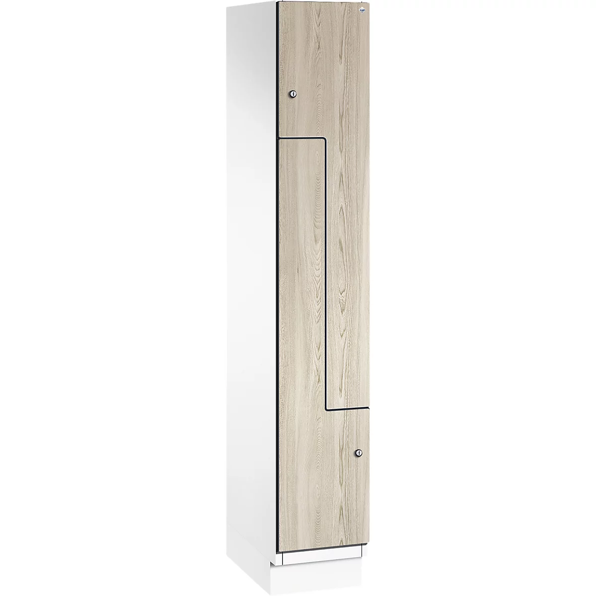 Schrank mit weißem Korpus und hellbrauner Holzoptik-Front. Beschläge in Silber. Gesamtansicht.