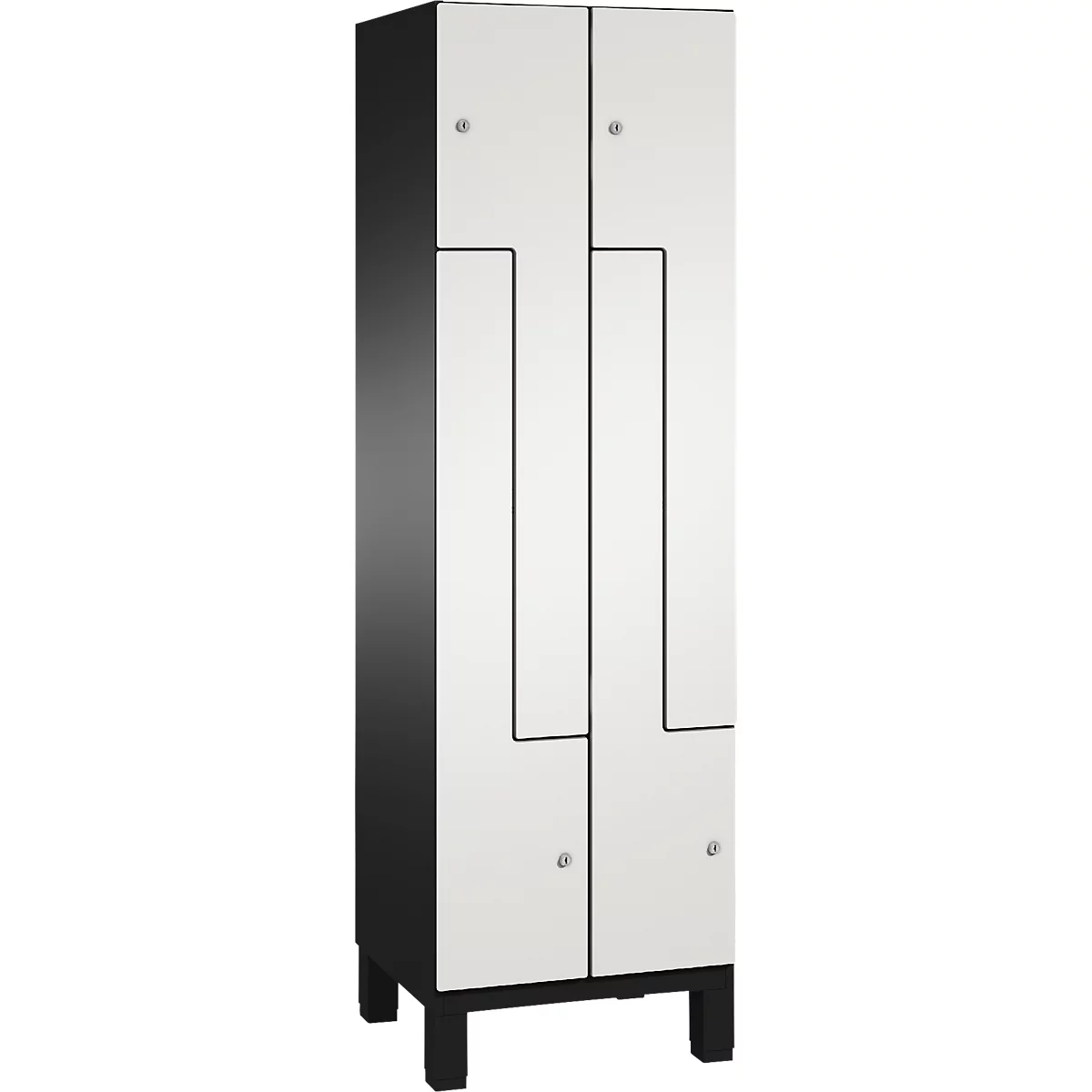 Weißer Schrank mit schwarzem Rahmen und Beinen, Türen mit abgerundeten Kanten und silbernen Griffen.