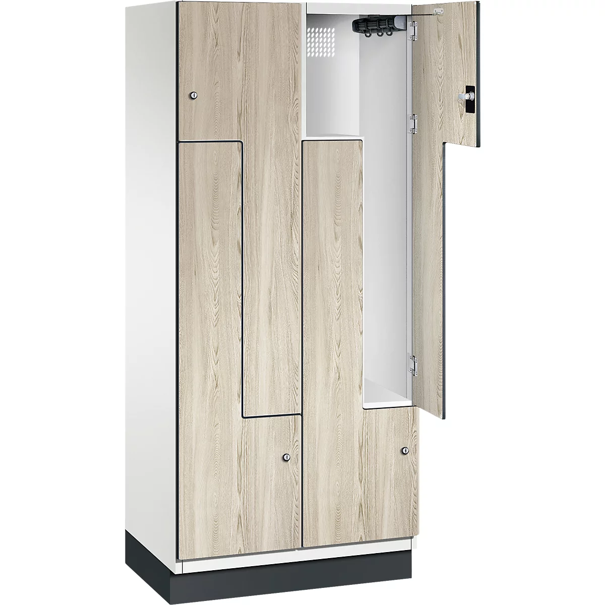 Schrank mit Holzeffekt, eine Tür geöffnet, Innenraum weiß.