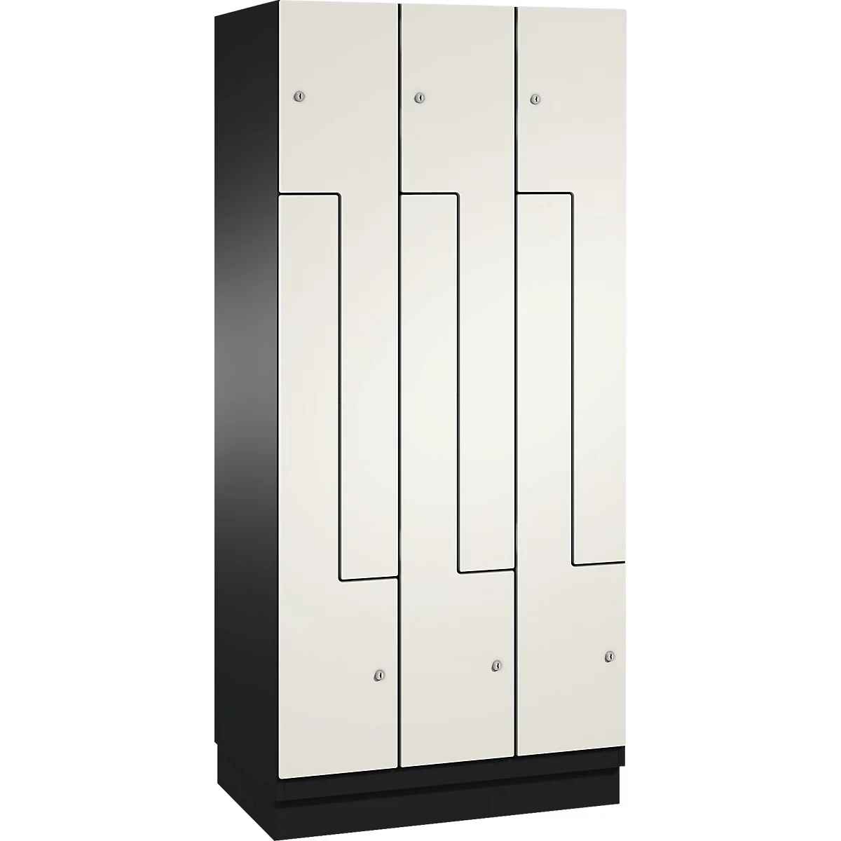 Schrank in Weiß und Schwarz. Der Schrank hat drei Türen mit schwarzen Linien und kleinen silbernen Knöpfen.