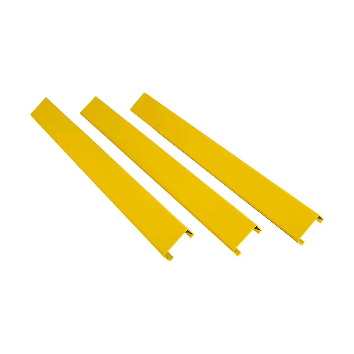 Three yellow, rectangular cable channels on a white background. They are slightly angled and have a small recess at the ends.