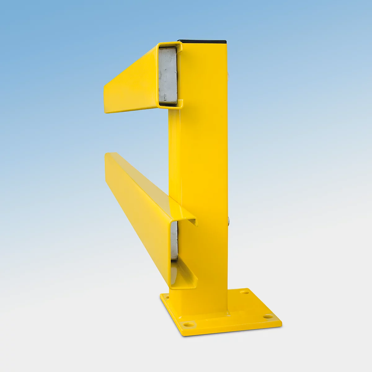 Yellow impact protection device against a blue background.