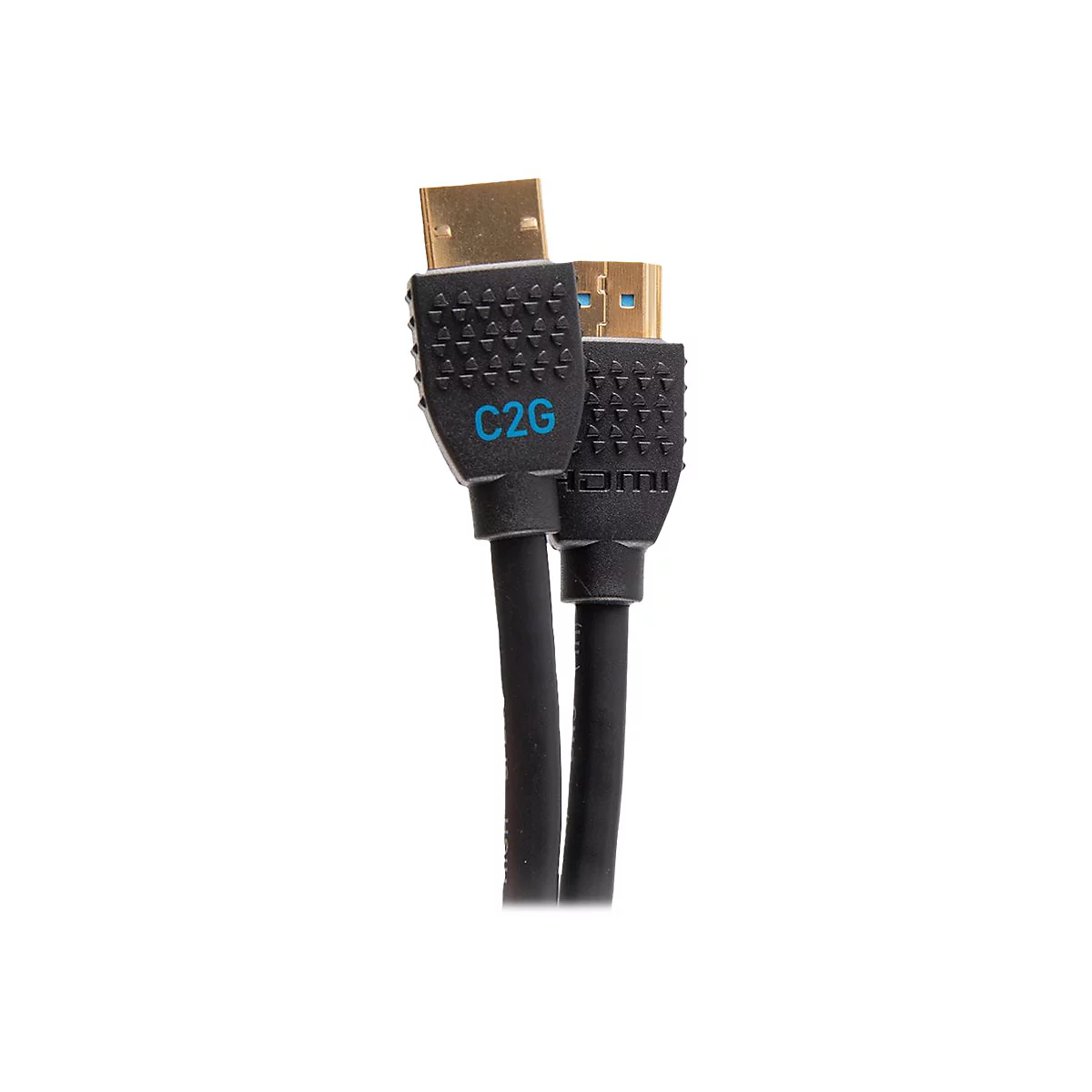 Ein schwarzes HDMI-Kabel mit goldenen Steckern und der Aufschrift "C2G".
