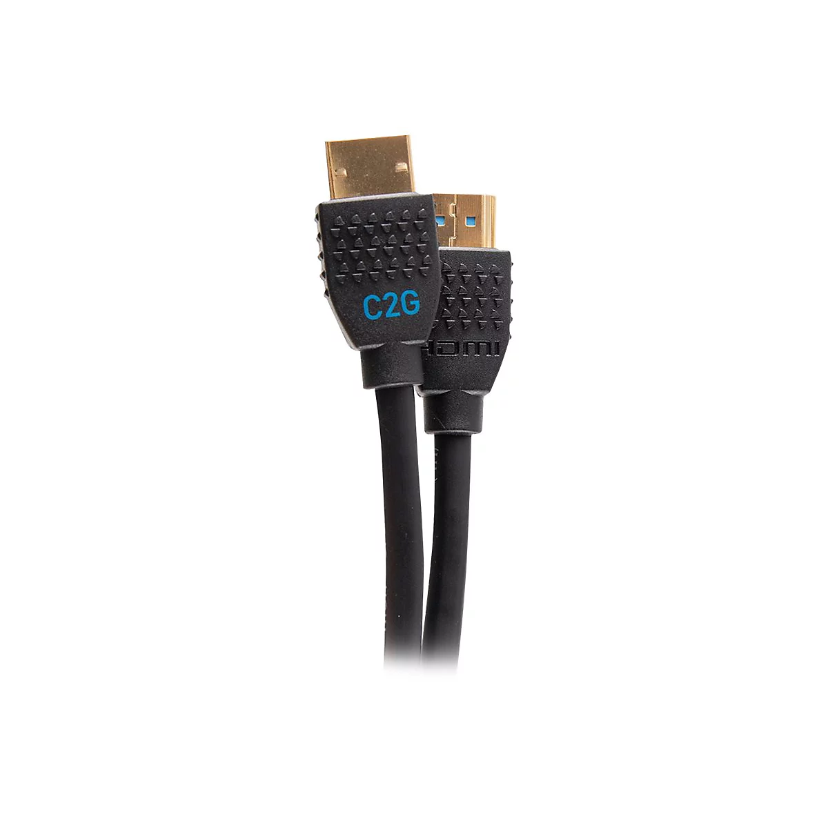 Schwarzes HDMI-Kabel mit blauen Enden und der Aufschrift C2G.