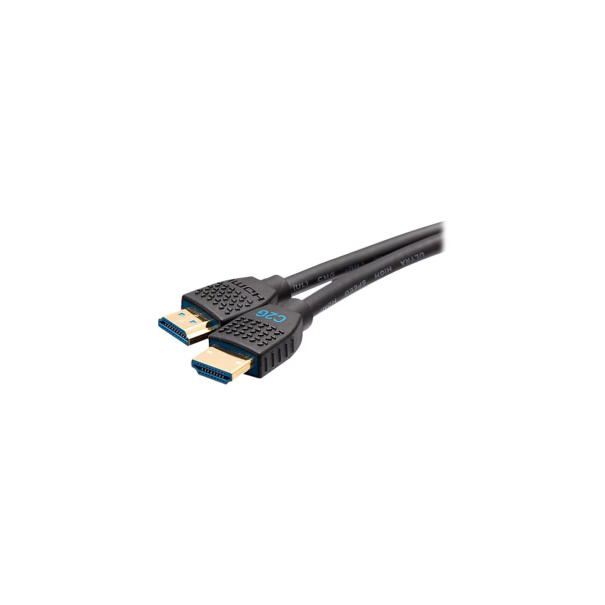 Ein schwarzes HDMI-Kabel mit blauen und goldenen Anschlüssen. Auf den Steckern steht "C2G" und "HDMI Ultra High Speed".