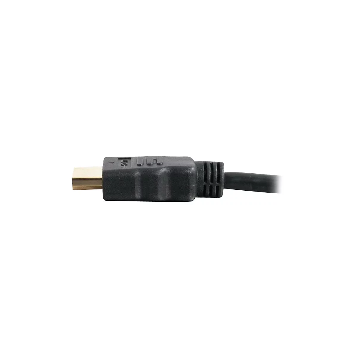 Nahaufnahme eines schwarzen HDMI-Kabels mit goldenem Stecker. Das Kabel ist an einem schwarzen Stecker angeschlossen.