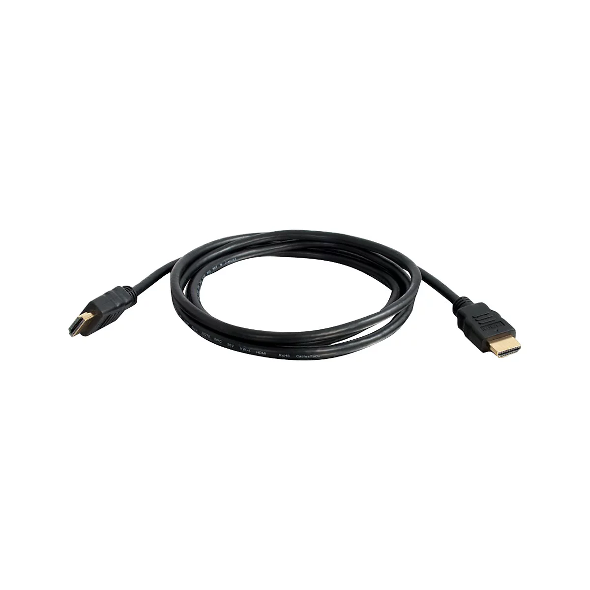 Ein schwarzes HDMI-Kabel liegt vor weißem Hintergrund. An beiden Enden befinden sich Stecker.