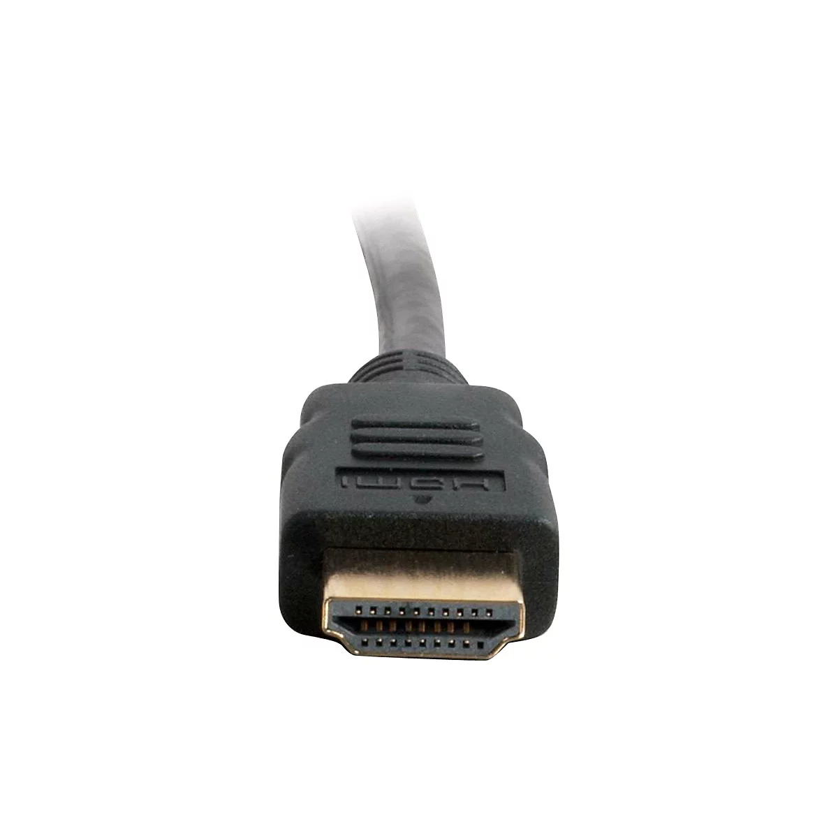 Nahaufnahme eines schwarzen HDMI-Kabels. Der Stecker ist im Fokus, mit goldenen Pins und dem HDMI-Logo.