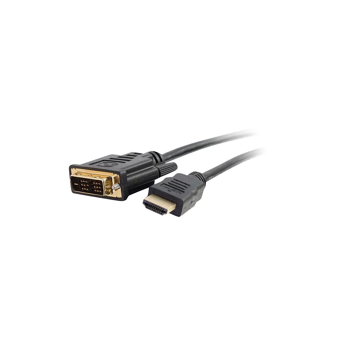 Schwarz-goldener DVI-HDMI-Kabel auf weißem Hintergrund.