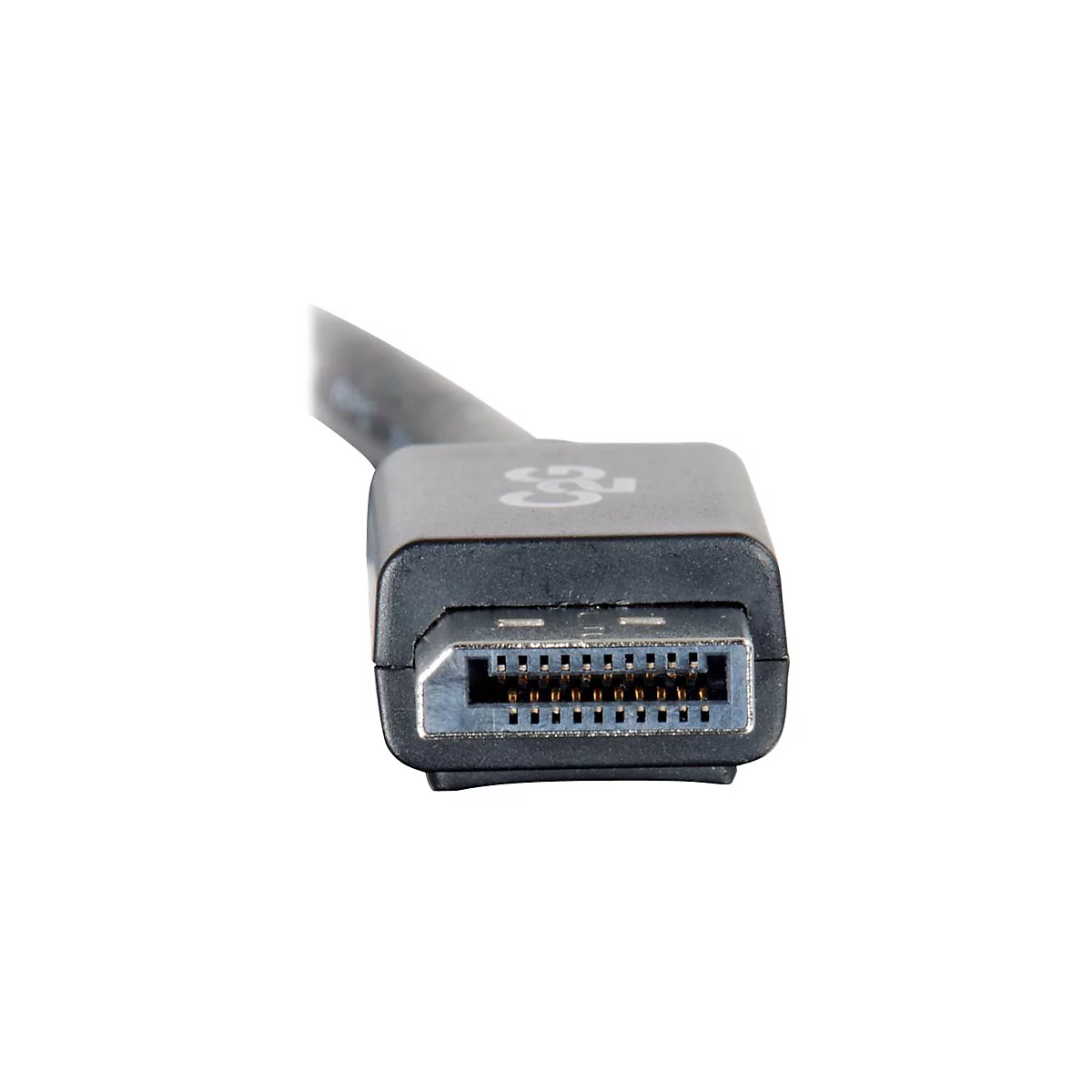 Nahaufnahme eines DisplayPort-Steckers, schwarz, mit goldfarbenen Pins, der aus einem schwarzen Kabel ragt.