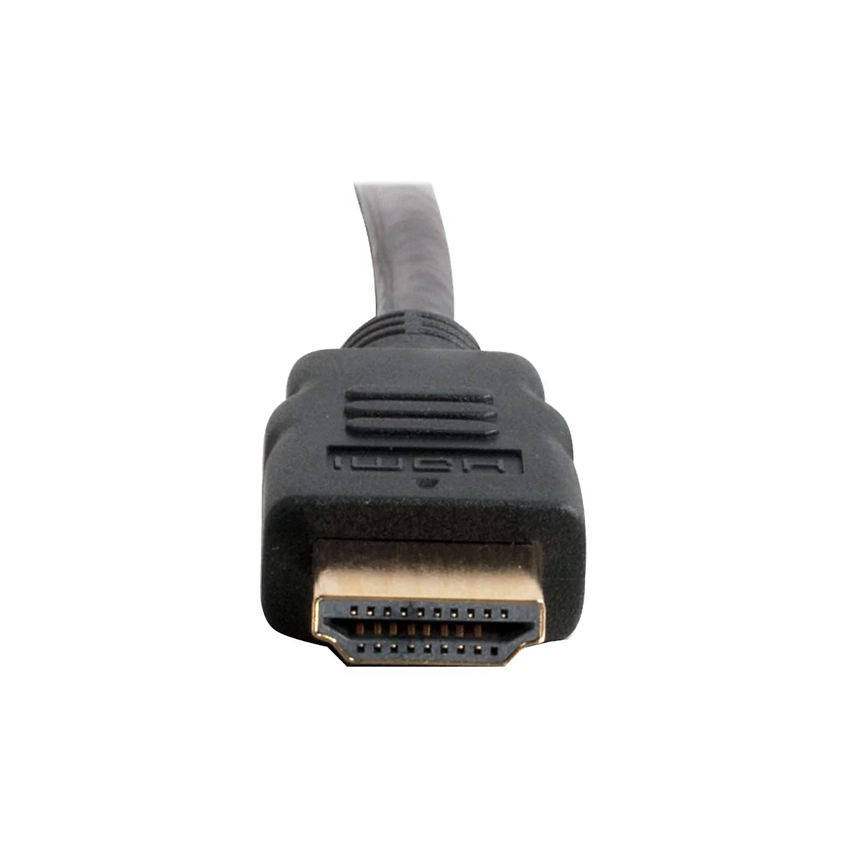 Nahaufnahme eines schwarzen HDMI-Kabels mit goldenem Anschluss.