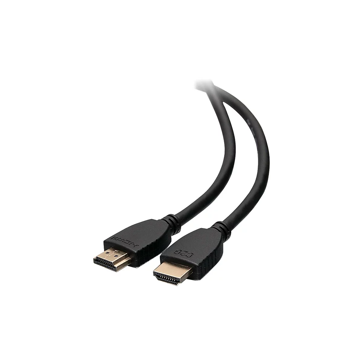 Zwei schwarze HDMI-Kabel mit Steckern; HDMI-Logo ist sichtbar.