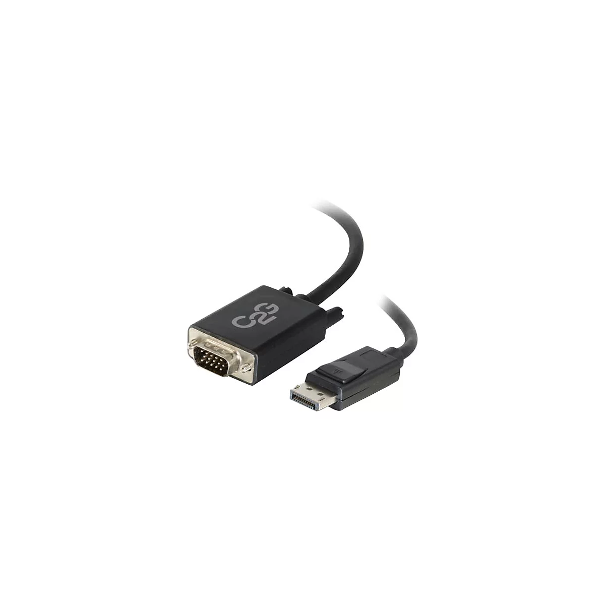 Schwarzer VGA-DisplayPort-Adapter. Der Adapter zeigt die Anschlüsse, die mit den Kabeln verbunden sind, deutlich an. Das C2G-Logo ist zu sehen.