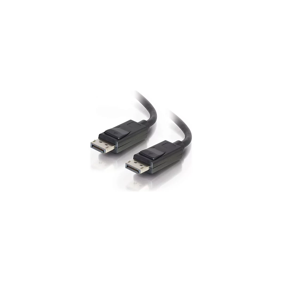 Schwarzes DisplayPort-Kabel mit zwei Steckern auf weißem Hintergrund.