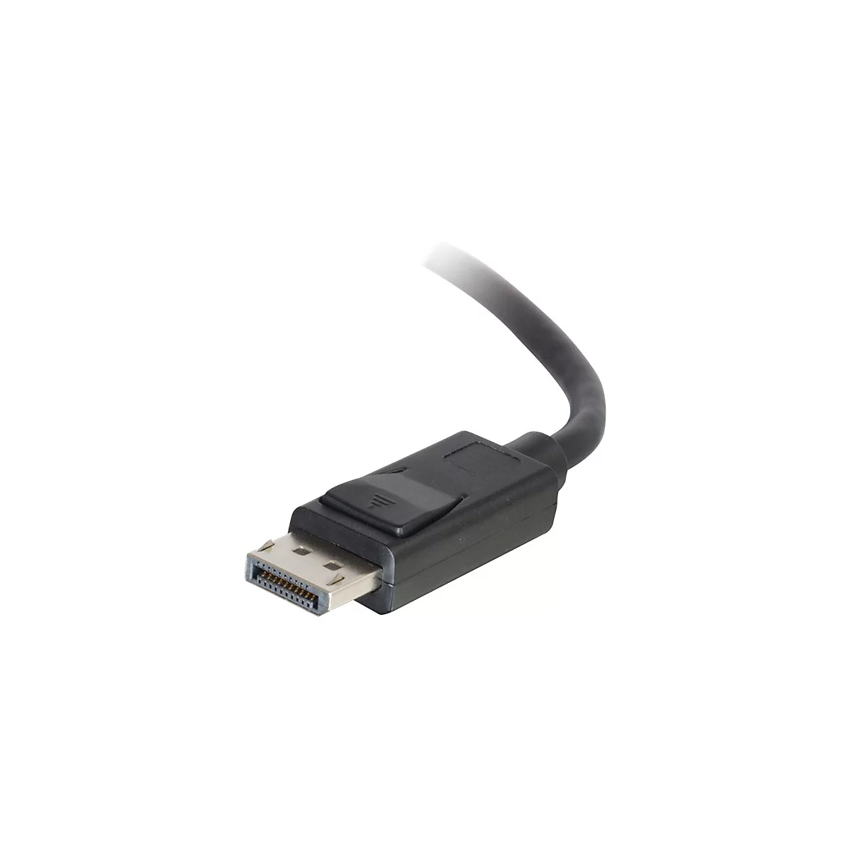 Nahaufnahme eines schwarzen DisplayPort-Kabels, das auf weißem Hintergrund abgebildet ist.