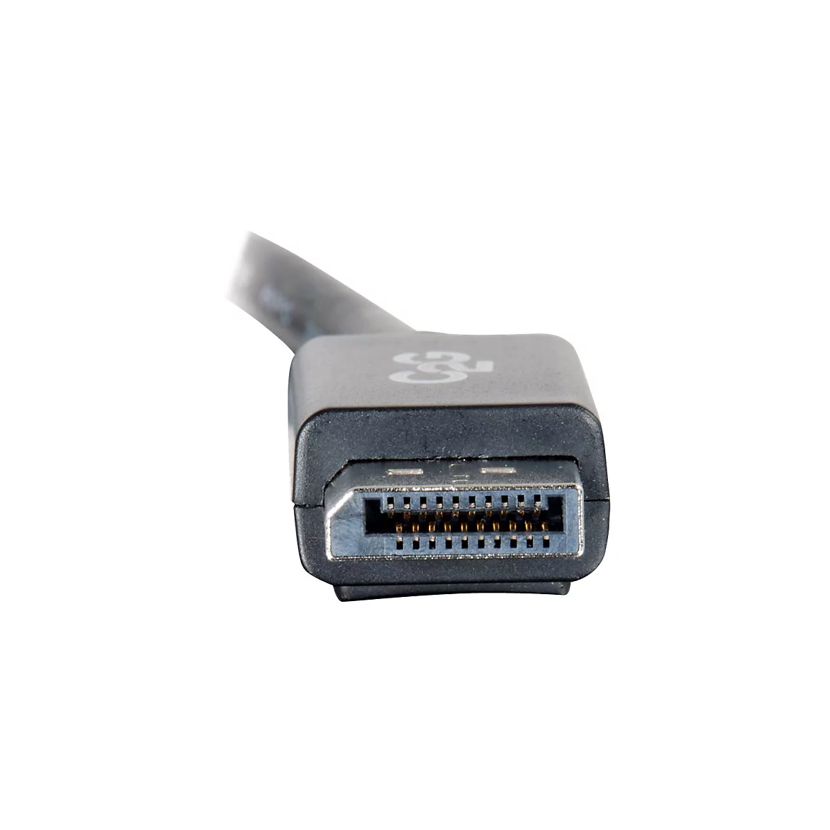 Nahaufnahme eines schwarzen DisplayPort-Kabels, Stecker im Fokus, goldene Kontakte erkennbar.