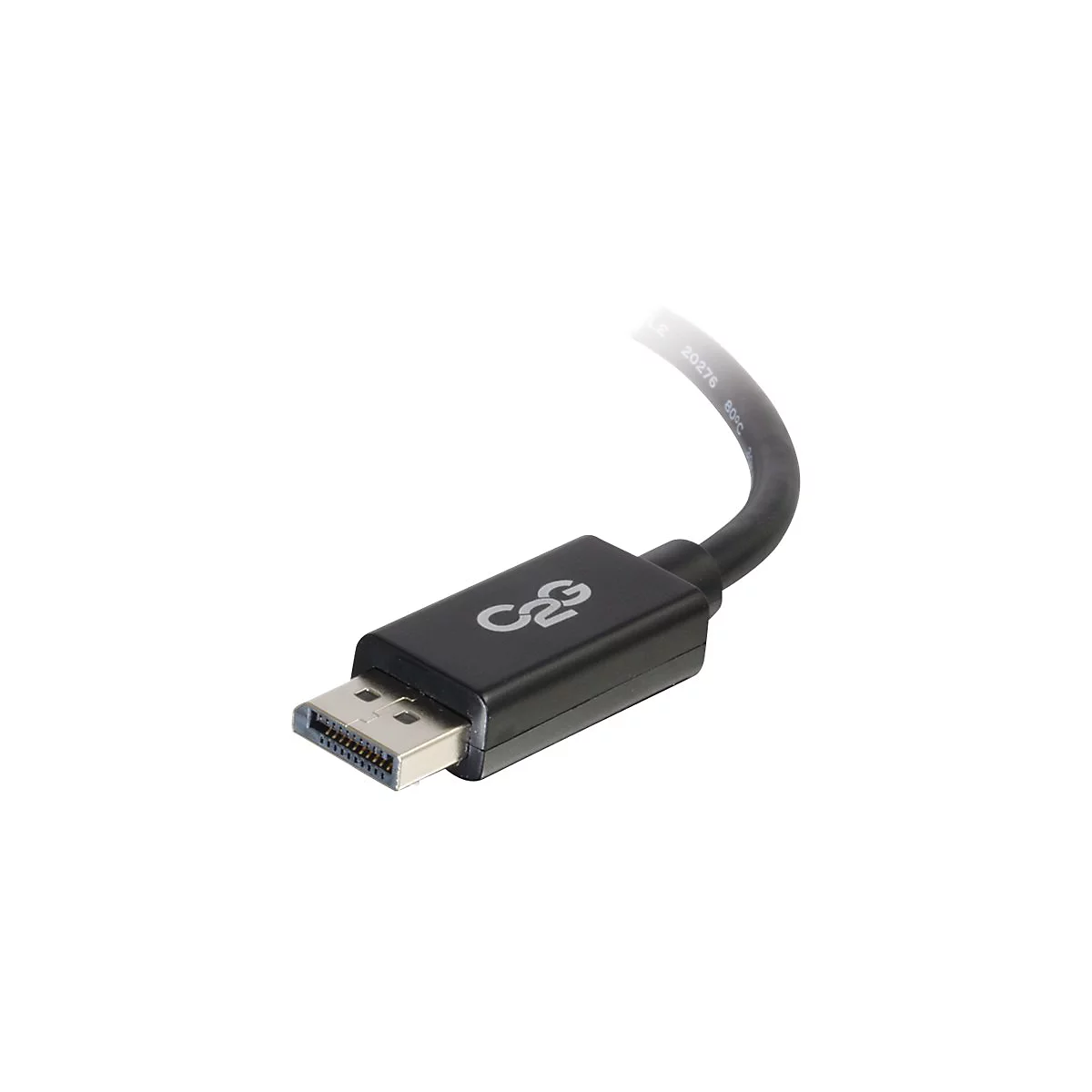 Schwarzes DisplayPort-Kabel mit Stecker und Kabel. Auf dem Stecker befindet sich das Logo "C2G".