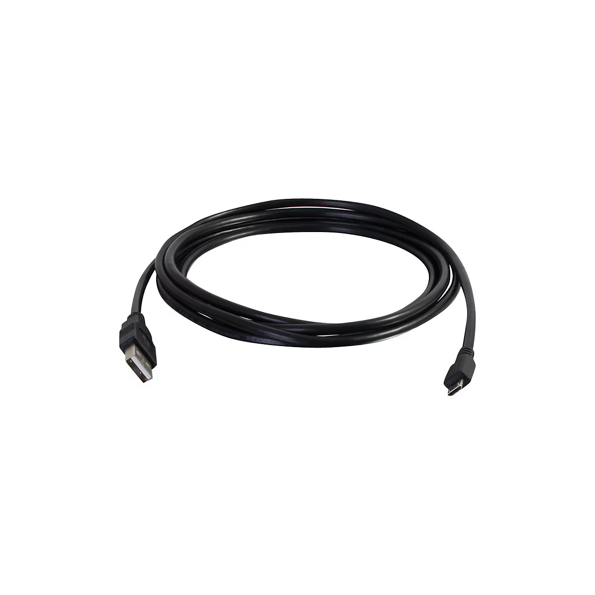 Schwarzes USB-Kabel, gewickelt in einer Schleife. An beiden Enden sind die USB-Anschlüsse deutlich zu sehen.