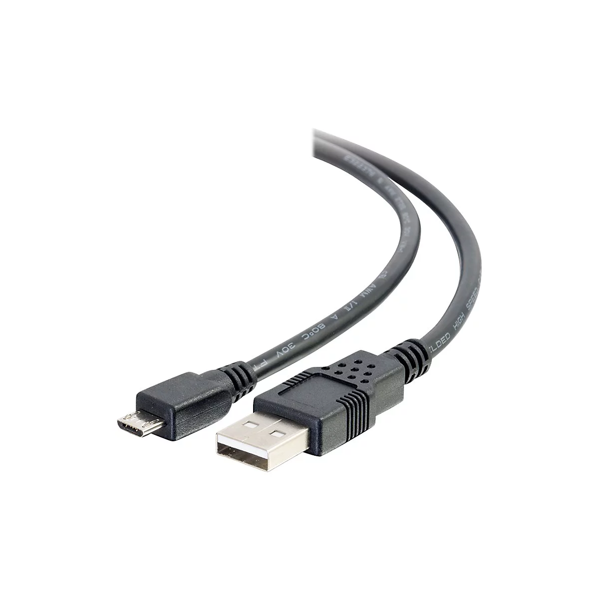 Schwarzes USB-Kabel mit Mikro-USB- und USB-A-Anschlüssen. Der Hintergrund ist weiß.