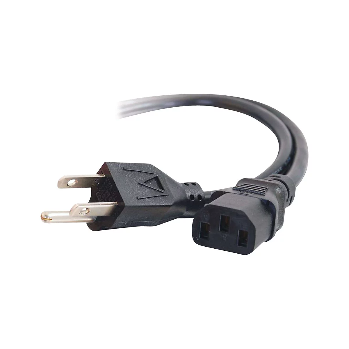 Schwarzes Netzkabel mit Stecker und Buchse auf weißem Hintergrund.