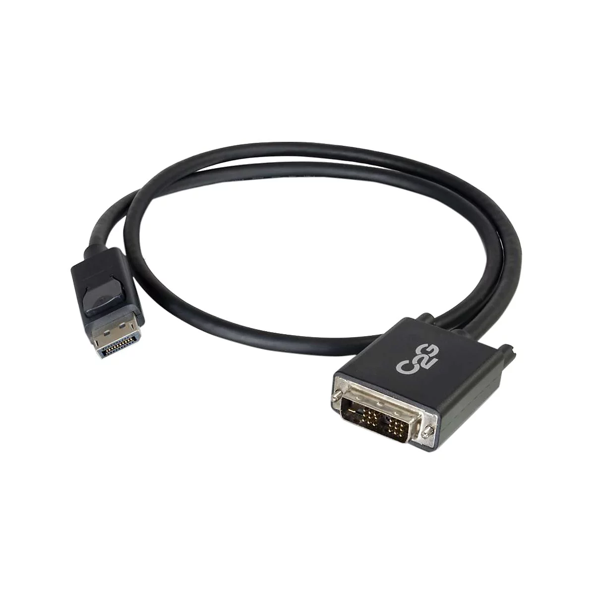 Schwarzes DVI-auf-DisplayPort-Kabel. Auf beiden Enden Stecker, der eine mit C2G-Logo.
